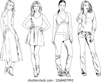 vector drawings on the theme of beautiful slim sporty girl in casual clothes in various poses painted ink hand sketch with no background