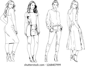 vector drawings on the theme of beautiful slim sporty girl in casual clothes in various poses painted ink hand sketch with no background