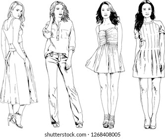 vector drawings on the theme of beautiful slim sporty girl in casual clothes in various poses painted ink hand sketch with no background