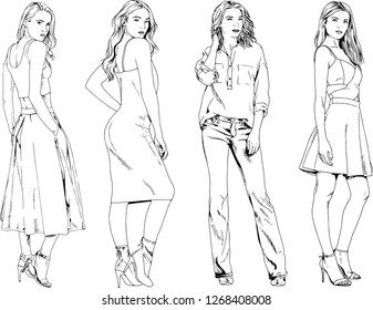 vector drawings on the theme of beautiful slim sporty girl in casual clothes in various poses painted ink hand sketch with no background
