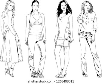 vector drawings on the theme of beautiful slim sporty girl in casual clothes in various poses painted ink hand sketch with no background