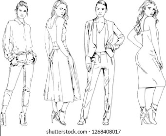 vector drawings on the theme of beautiful slim sporty girl in casual clothes in various poses painted ink hand sketch with no background
