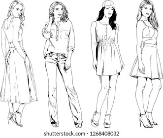 vector drawings on the theme of beautiful slim sporty girl in casual clothes in various poses painted ink hand sketch with no background