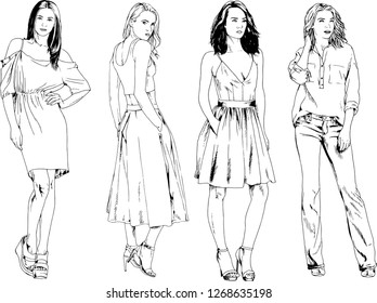 vector drawings on the theme of beautiful slim sporty girl in casual clothes in various poses painted ink hand sketch with no background