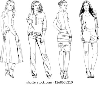 vector drawings on the theme of beautiful slim sporty girl in casual clothes in various poses painted ink hand sketch with no background