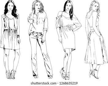vector drawings on the theme of beautiful slim sporty girl in casual clothes in various poses painted ink hand sketch with no background