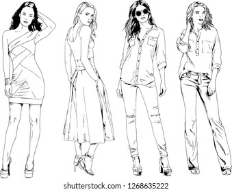 vector drawings on the theme of beautiful slim sporty girl in casual clothes in various poses painted ink hand sketch with no background