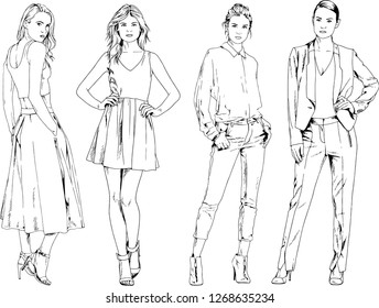 vector drawings on the theme of beautiful slim sporty girl in casual clothes in various poses painted ink hand sketch with no background