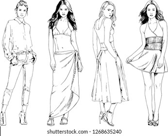 vector drawings on the theme of beautiful slim sporty girl in casual clothes in various poses painted ink hand sketch with no background