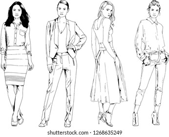 vector drawings on the theme of beautiful slim sporty girl in casual clothes in various poses painted ink hand sketch with no background