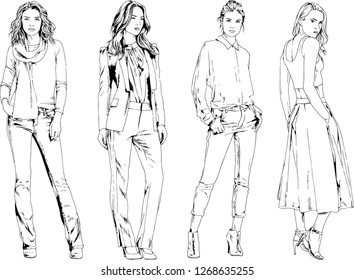vector drawings on the theme of beautiful slim sporty girl in casual clothes in various poses painted ink hand sketch with no background