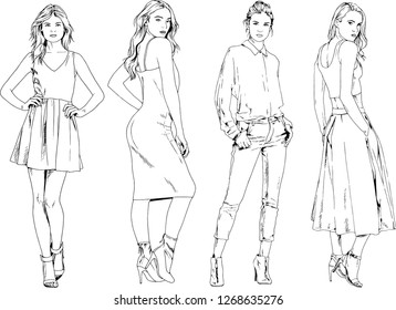 vector drawings on the theme of beautiful slim sporty girl in casual clothes in various poses painted ink hand sketch with no background