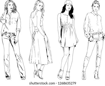 vector drawings on the theme of beautiful slim sporty girl in casual clothes in various poses painted ink hand sketch with no background