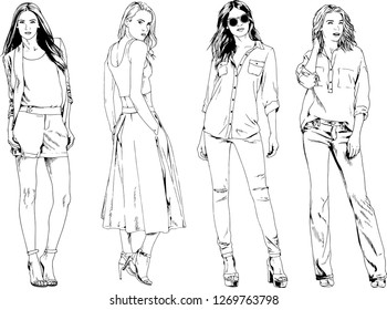vector drawings on the theme of beautiful slim sporty girl in casual clothes in various poses painted ink hand sketch with no background