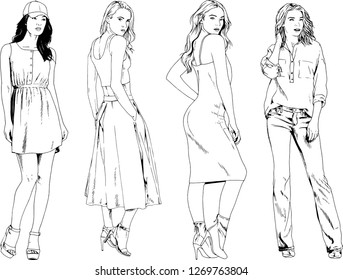 vector drawings on the theme of beautiful slim sporty girl in casual clothes in various poses painted ink hand sketch with no background