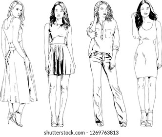 vector drawings on the theme of beautiful slim sporty girl in casual clothes in various poses painted ink hand sketch with no background