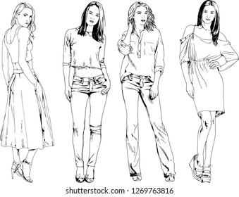 vector drawings on the theme of beautiful slim sporty girl in casual clothes in various poses painted ink hand sketch with no background
