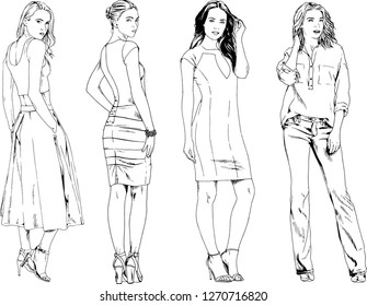 vector drawings on the theme of beautiful slim sporty girl in casual clothes in various poses painted ink hand sketch with no background