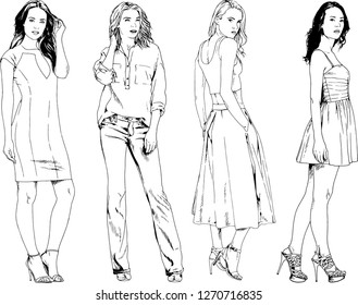 vector drawings on the theme of beautiful slim sporty girl in casual clothes in various poses painted ink hand sketch with no background