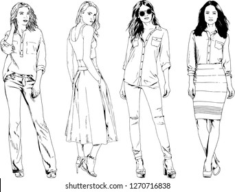 vector drawings on the theme of beautiful slim sporty girl in casual clothes in various poses painted ink hand sketch with no background
