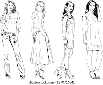 vector drawings on the theme of beautiful slim sporty girl in casual clothes in various poses painted ink hand sketch with no background