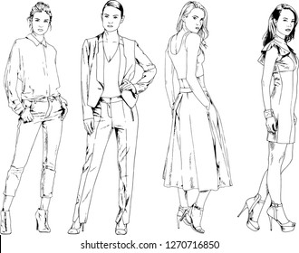 vector drawings on the theme of beautiful slim sporty girl in casual clothes in various poses painted ink hand sketch with no background
