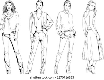 vector drawings on the theme of beautiful slim sporty girl in casual clothes in various poses painted ink hand sketch with no background