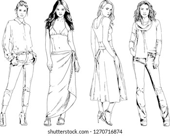 vector drawings on the theme of beautiful slim sporty girl in casual clothes in various poses painted ink hand sketch with no background