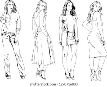 vector drawings on the theme of beautiful slim sporty girl in casual clothes in various poses painted ink hand sketch with no background