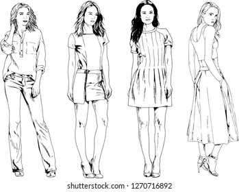 vector drawings on the theme of beautiful slim sporty girl in casual clothes in various poses painted ink hand sketch with no background