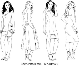 vector drawings on the theme of beautiful slim sporty girl in casual clothes in various poses painted ink hand sketch with no background