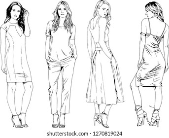 vector drawings on the theme of beautiful slim sporty girl in casual clothes in various poses painted ink hand sketch with no background