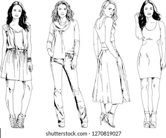 vector drawings on the theme of beautiful slim sporty girl in casual clothes in various poses painted ink hand sketch with no background