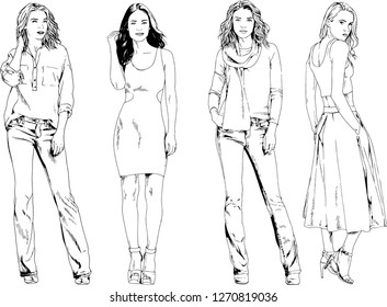 vector drawings on the theme of beautiful slim sporty girl in casual clothes in various poses painted ink hand sketch with no background