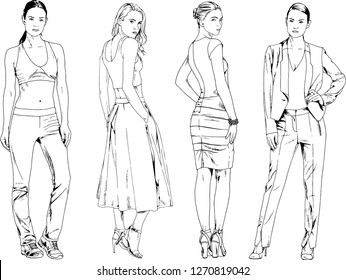 vector drawings on the theme of beautiful slim sporty girl in casual clothes in various poses painted ink hand sketch with no background