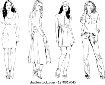 vector drawings on the theme of beautiful slim sporty girl in casual clothes in various poses painted ink hand sketch with no background
