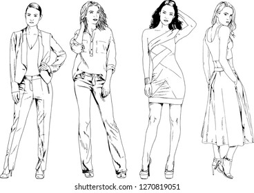 vector drawings on the theme of beautiful slim sporty girl in casual clothes in various poses painted ink hand sketch with no background