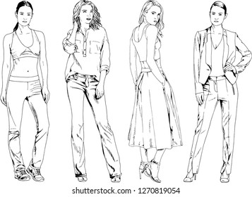 vector drawings on the theme of beautiful slim sporty girl in casual clothes in various poses painted ink hand sketch with no background