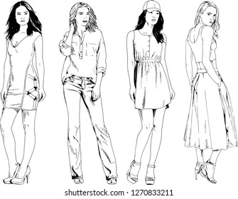 vector drawings on the theme of beautiful slim sporty girl in casual clothes in various poses painted ink hand sketch with no background