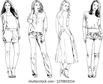 vector drawings on the theme of beautiful slim sporty girl in casual clothes in various poses painted ink hand sketch with no background