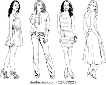 vector drawings on the theme of beautiful slim sporty girl in casual clothes in various poses painted ink hand sketch with no background