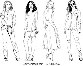 vector drawings on the theme of beautiful slim sporty girl in casual clothes in various poses painted ink hand sketch with no background