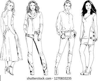 vector drawings on the theme of beautiful slim sporty girl in casual clothes in various poses painted ink hand sketch with no background