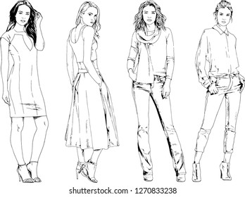 vector drawings on the theme of beautiful slim sporty girl in casual clothes in various poses painted ink hand sketch with no background