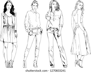 vector drawings on the theme of beautiful slim sporty girl in casual clothes in various poses painted ink hand sketch with no background