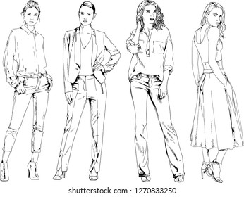 vector drawings on the theme of beautiful slim sporty girl in casual clothes in various poses painted ink hand sketch with no background
