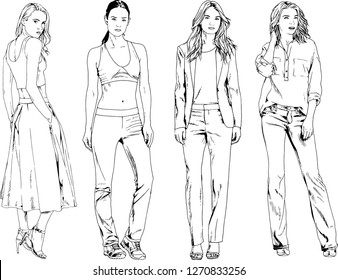 vector drawings on the theme of beautiful slim sporty girl in casual clothes in various poses painted ink hand sketch with no background