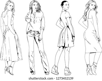 vector drawings on the theme of beautiful slim sporty girl in casual clothes in various poses painted ink hand sketch with no background
