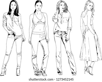 vector drawings on the theme of beautiful slim sporty girl in casual clothes in various poses painted ink hand sketch with no background