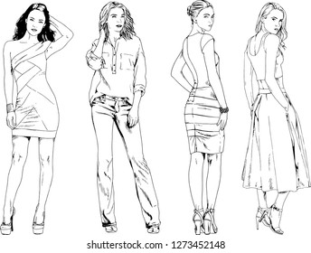vector drawings on the theme of beautiful slim sporty girl in casual clothes in various poses painted ink hand sketch with no background